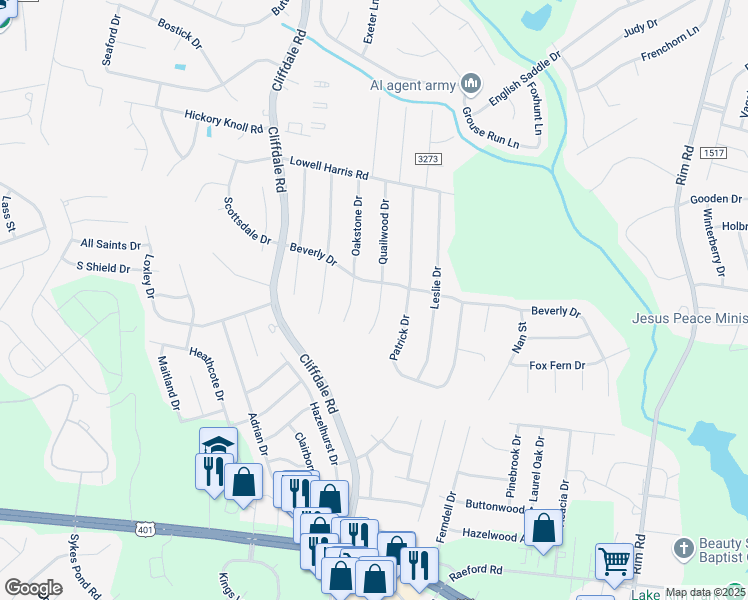 map of restaurants, bars, coffee shops, grocery stores, and more near 1104 Quailwood Drive in Fayetteville