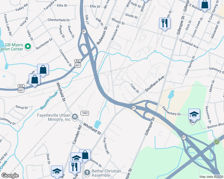map of restaurants, bars, coffee shops, grocery stores, and more near 889 Winslow Street in Fayetteville