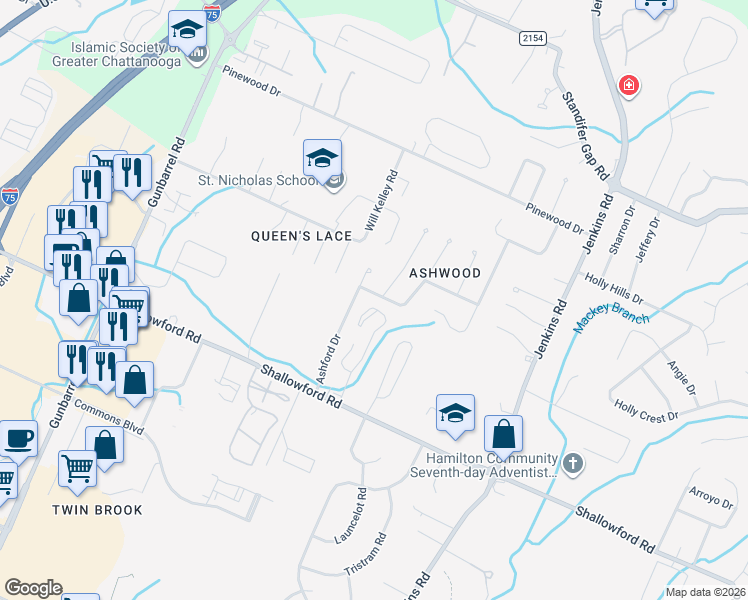 map of restaurants, bars, coffee shops, grocery stores, and more near 7606 Asherton Lane in Chattanooga