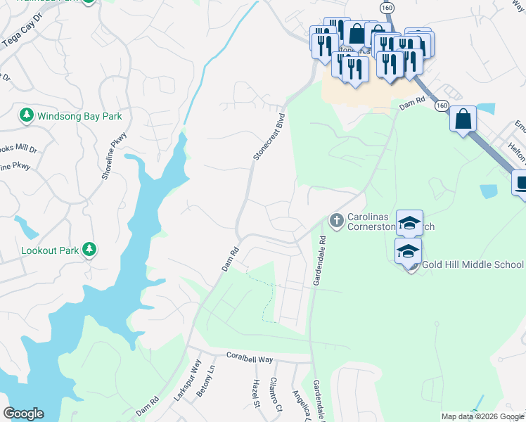 map of restaurants, bars, coffee shops, grocery stores, and more near 606 Crudent Road in Tega Cay