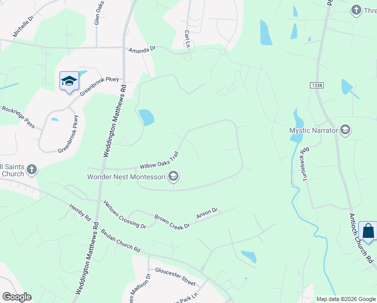 map of restaurants, bars, coffee shops, grocery stores, and more near 1154 Willow Oaks Trail in Matthews