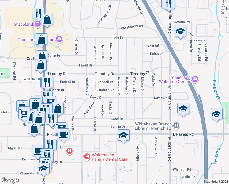 map of restaurants, bars, coffee shops, grocery stores, and more near 1466 David Drive in Memphis