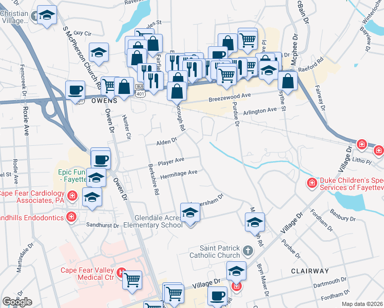 map of restaurants, bars, coffee shops, grocery stores, and more near 1300 Marlborough Road in Fayetteville
