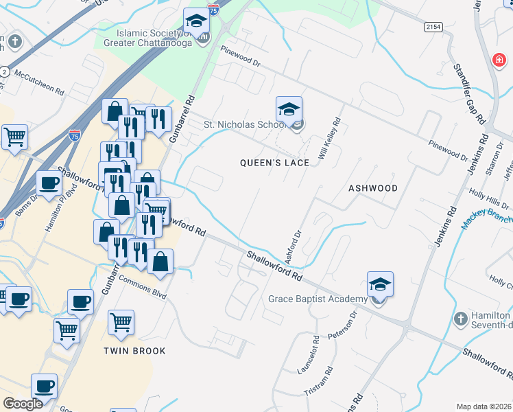 map of restaurants, bars, coffee shops, grocery stores, and more near 2334 Rivendell Lane in Chattanooga
