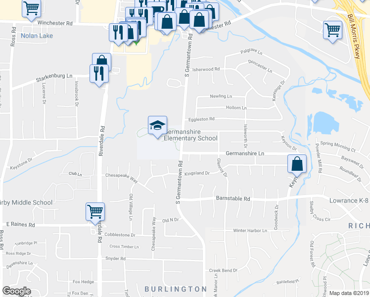 map of restaurants, bars, coffee shops, grocery stores, and more near 3956 Germanshire Lane in Memphis