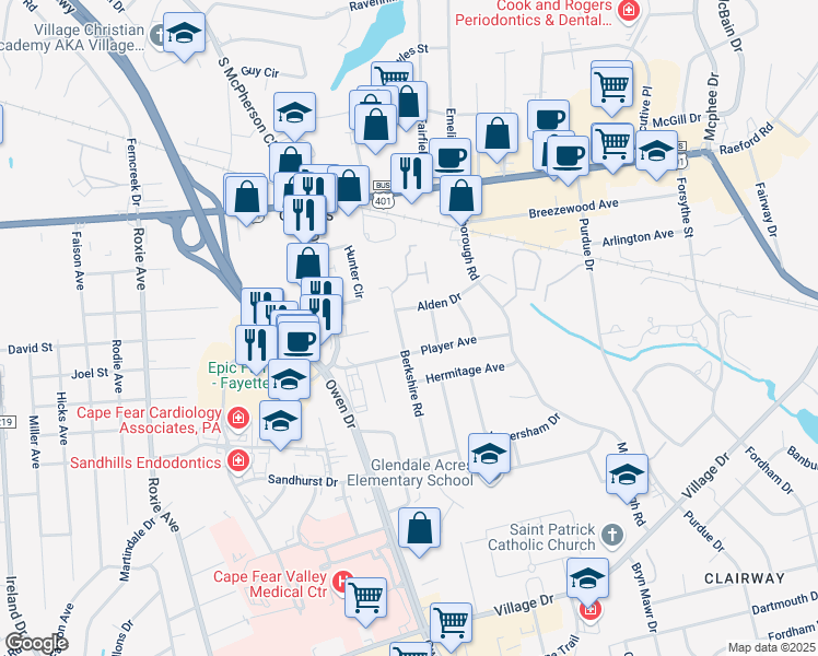 map of restaurants, bars, coffee shops, grocery stores, and more near 1218 Berkshire Road in Fayetteville