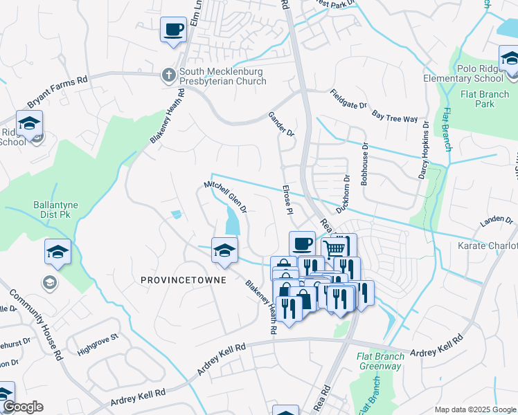 map of restaurants, bars, coffee shops, grocery stores, and more near 11815 Pheasant Lane in Charlotte