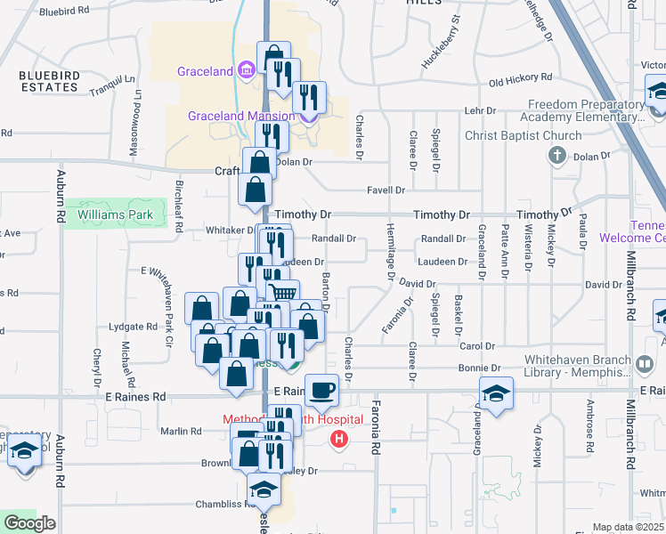 map of restaurants, bars, coffee shops, grocery stores, and more near 1263 Laudeen Drive in Memphis