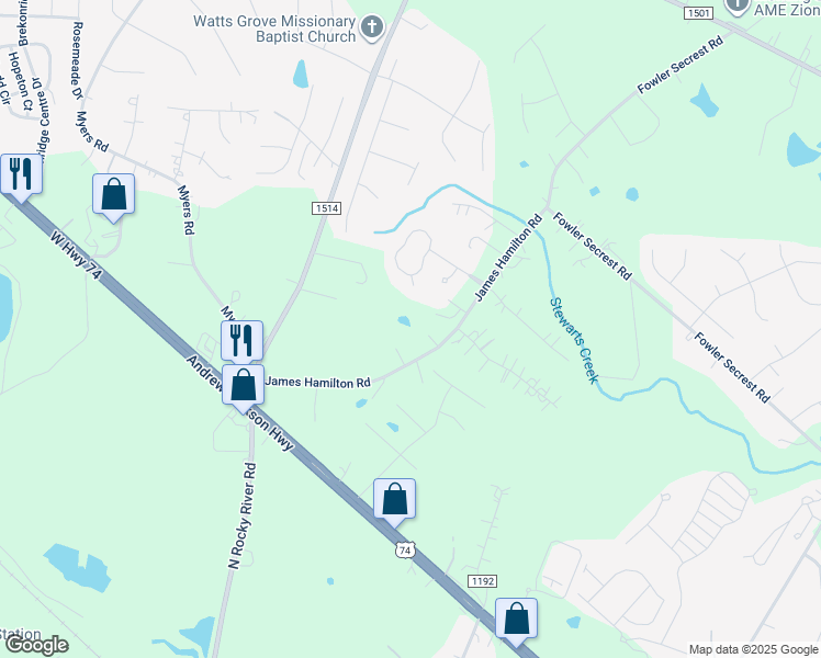 map of restaurants, bars, coffee shops, grocery stores, and more near 2815 James Hamilton Road in Monroe