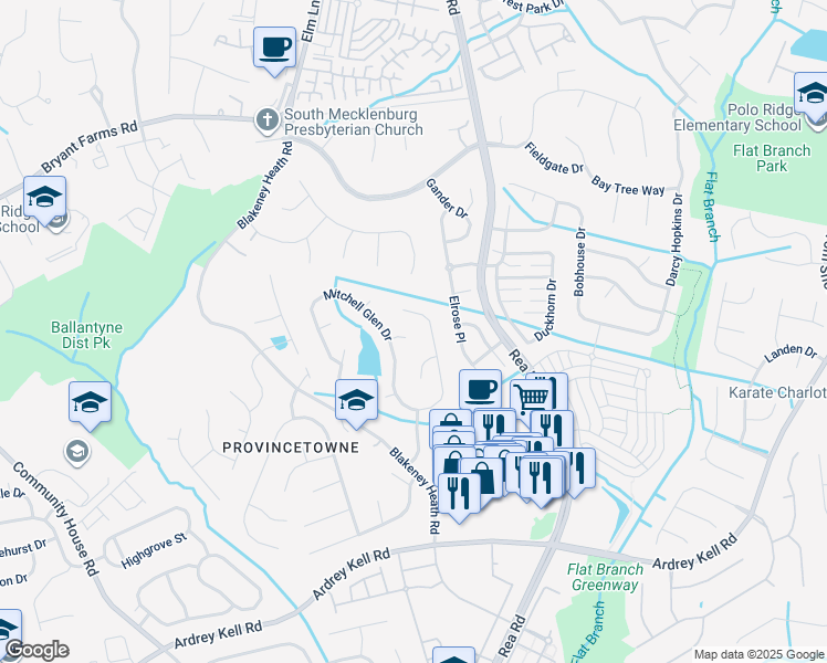 map of restaurants, bars, coffee shops, grocery stores, and more near 11815 Pheasant Lane in Charlotte