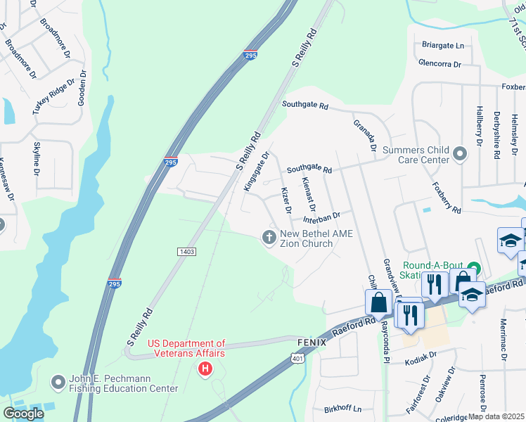 map of restaurants, bars, coffee shops, grocery stores, and more near 6841 Marlowe Drive in Fayetteville
