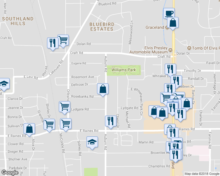 map of restaurants, bars, coffee shops, grocery stores, and more near 3974 Auburn Road in Memphis