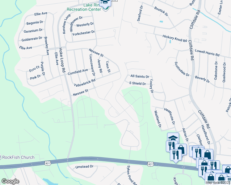 map of restaurants, bars, coffee shops, grocery stores, and more near 1604 Stackhouse Drive in Fayetteville