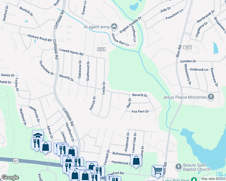 map of restaurants, bars, coffee shops, grocery stores, and more near 7586 Beverly Drive in Fayetteville