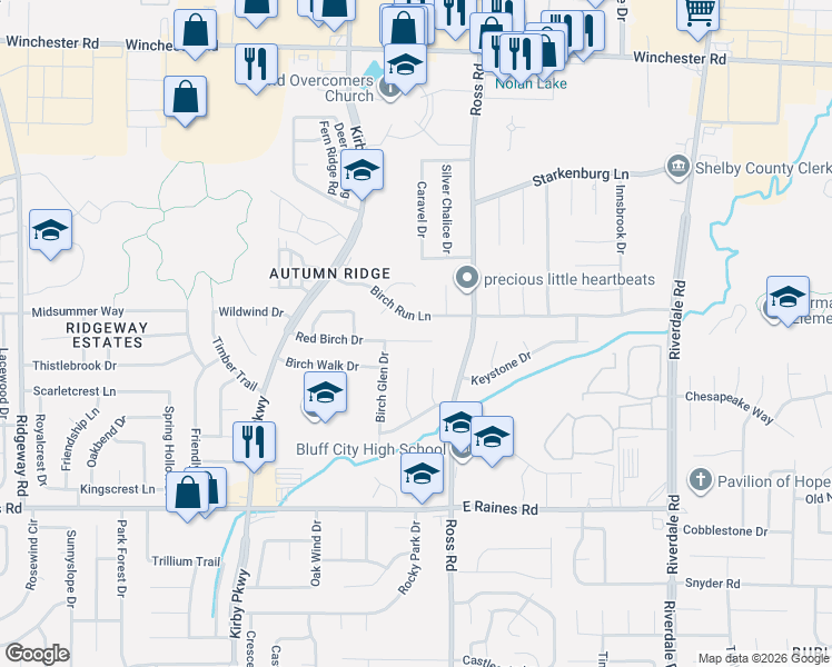 map of restaurants, bars, coffee shops, grocery stores, and more near 6663 Red Birch Drive in Memphis
