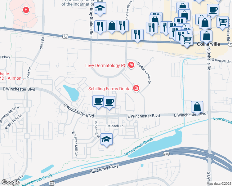 map of restaurants, bars, coffee shops, grocery stores, and more near 905 Madison Row Court North in Collierville