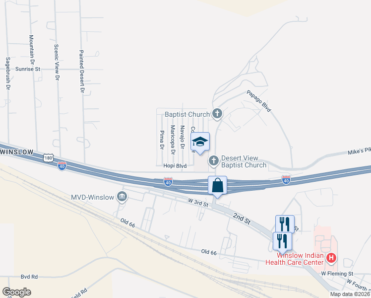 map of restaurants, bars, coffee shops, grocery stores, and more near 109 Navajo Drive in Winslow