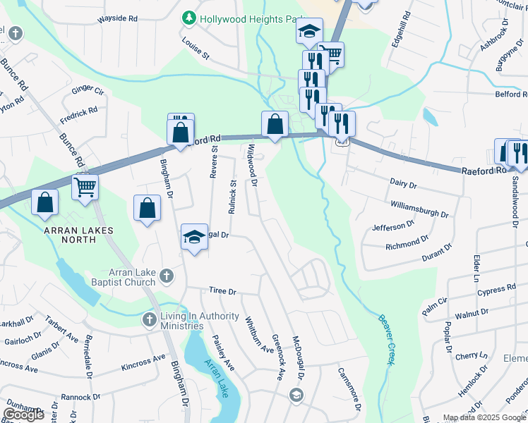 map of restaurants, bars, coffee shops, grocery stores, and more near 1104 Merry Maple Lane in Fayetteville