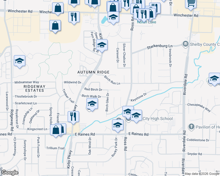 map of restaurants, bars, coffee shops, grocery stores, and more near 6611 Red Birch Drive in Memphis