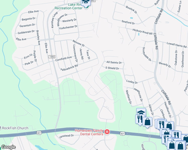 map of restaurants, bars, coffee shops, grocery stores, and more near 1604 Stackhouse Drive in Fayetteville