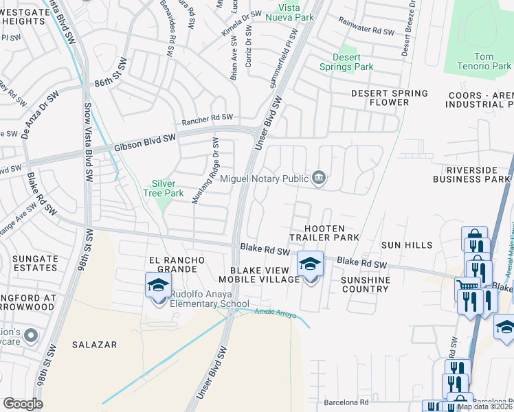 map of restaurants, bars, coffee shops, grocery stores, and more near 2701 Paseo Del Canto Drive Southwest in Albuquerque