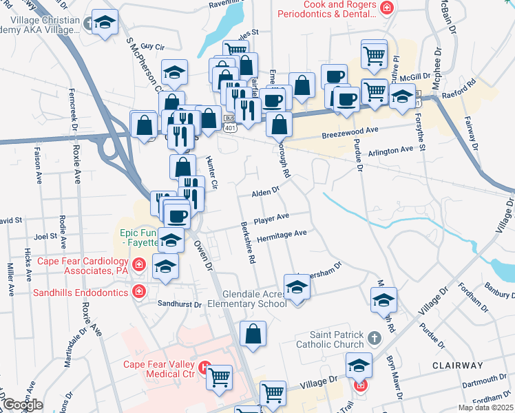 map of restaurants, bars, coffee shops, grocery stores, and more near 1208 Wentworth Place in Fayetteville