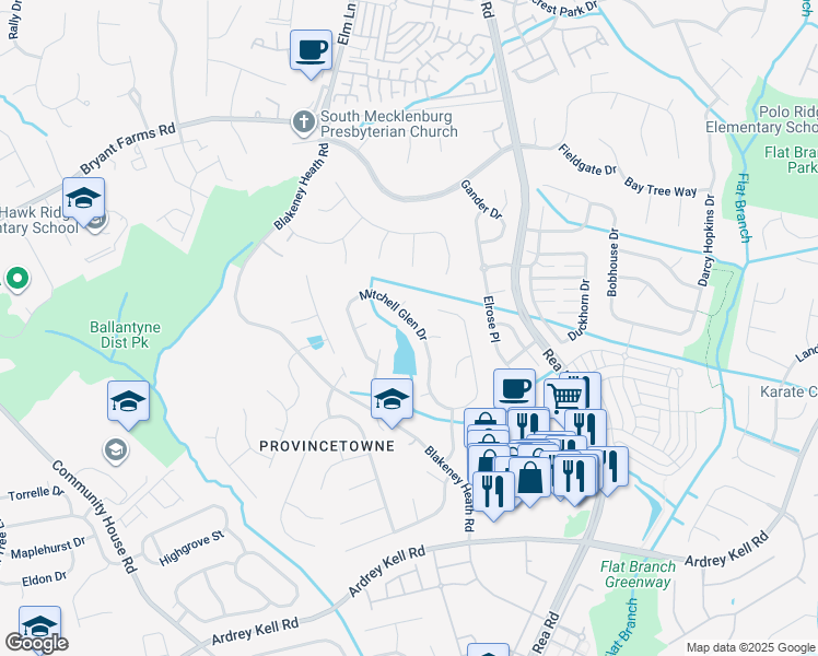 map of restaurants, bars, coffee shops, grocery stores, and more near 9416 Mitchell Glen Drive in Charlotte