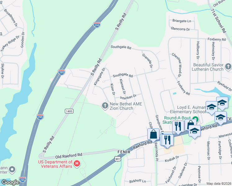 map of restaurants, bars, coffee shops, grocery stores, and more near 6820 Kizer Drive in Fayetteville