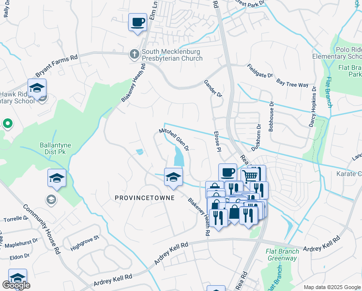 map of restaurants, bars, coffee shops, grocery stores, and more near 9416 Mitchell Glen Drive in Charlotte