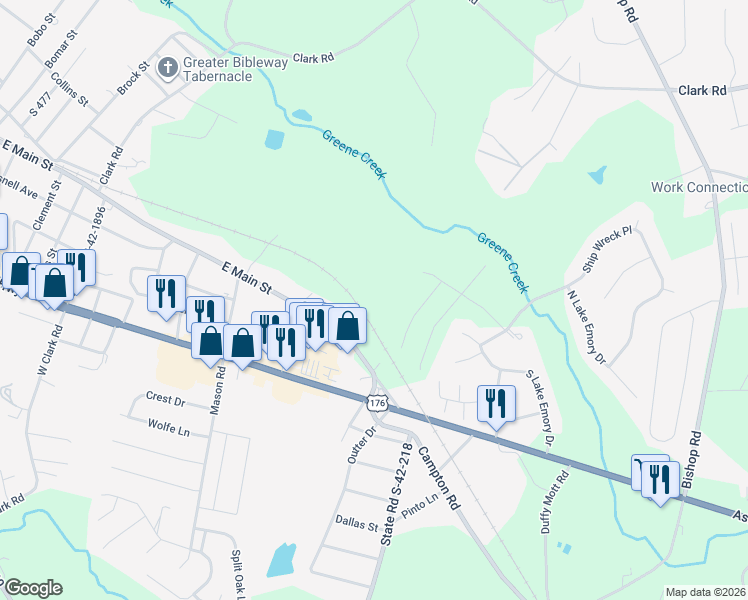 map of restaurants, bars, coffee shops, grocery stores, and more near 131 East Main Street in Inman