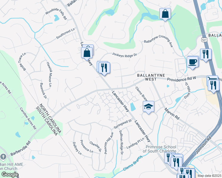 map of restaurants, bars, coffee shops, grocery stores, and more near Lancaster Highway & Providence Road West in Charlotte
