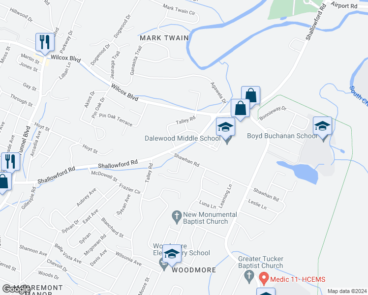 map of restaurants, bars, coffee shops, grocery stores, and more near 1204 Shallowford Road in Chattanooga