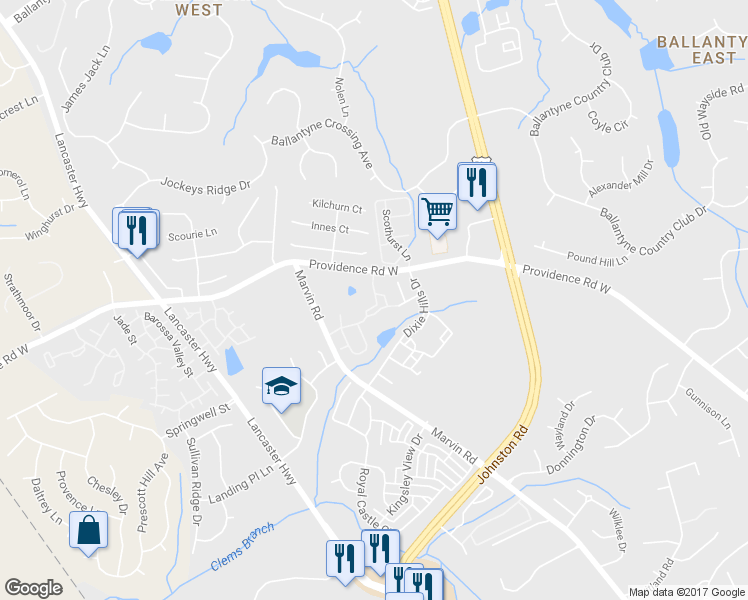 map of restaurants, bars, coffee shops, grocery stores, and more near 15254 Coventry Court Lane in Charlotte