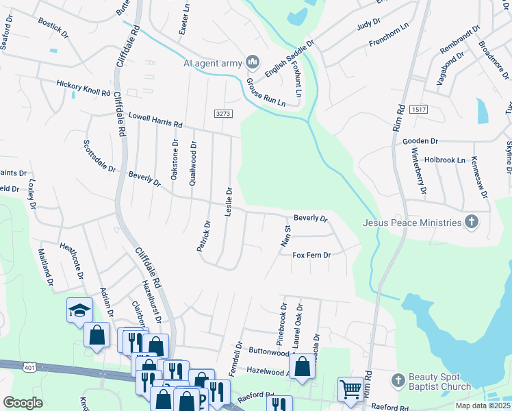 map of restaurants, bars, coffee shops, grocery stores, and more near 7573 Beverly Drive in Fayetteville