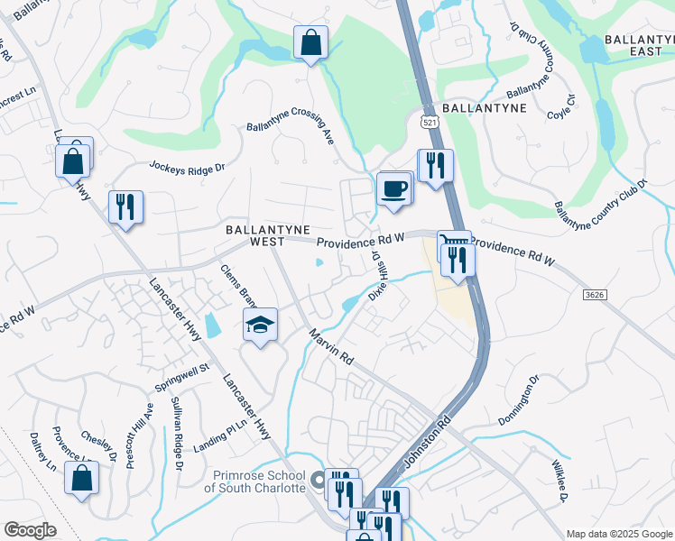 map of restaurants, bars, coffee shops, grocery stores, and more near 15254 Coventry Court Lane in Charlotte