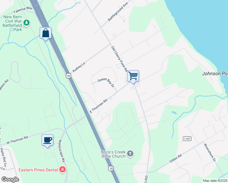map of restaurants, bars, coffee shops, grocery stores, and more near 416 East Thurman Road in New Bern