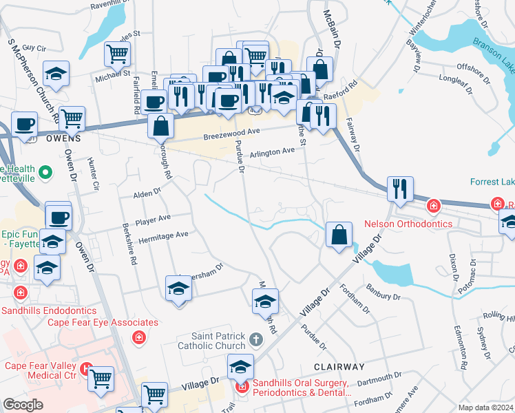 map of restaurants, bars, coffee shops, grocery stores, and more near 1601 Purdue Drive in Fayetteville