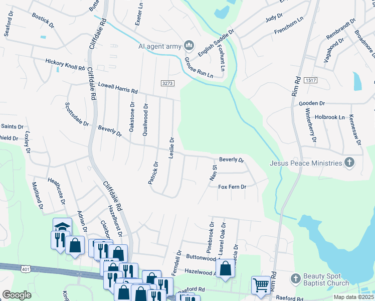 map of restaurants, bars, coffee shops, grocery stores, and more near 7586 Beverly Drive in Fayetteville