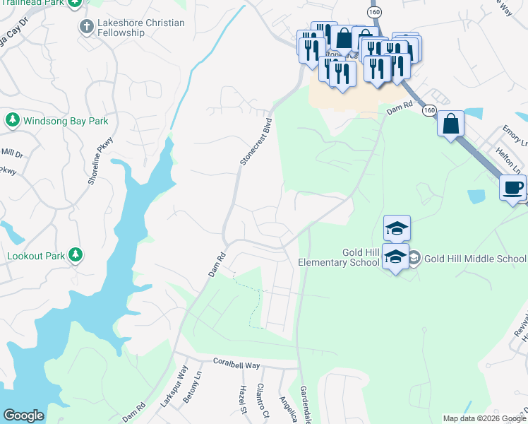 map of restaurants, bars, coffee shops, grocery stores, and more near 2043 Dam Road in Fort Mill