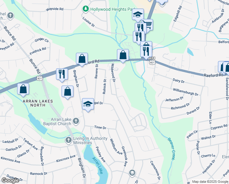map of restaurants, bars, coffee shops, grocery stores, and more near 1104 Merry Maple Lane in Fayetteville