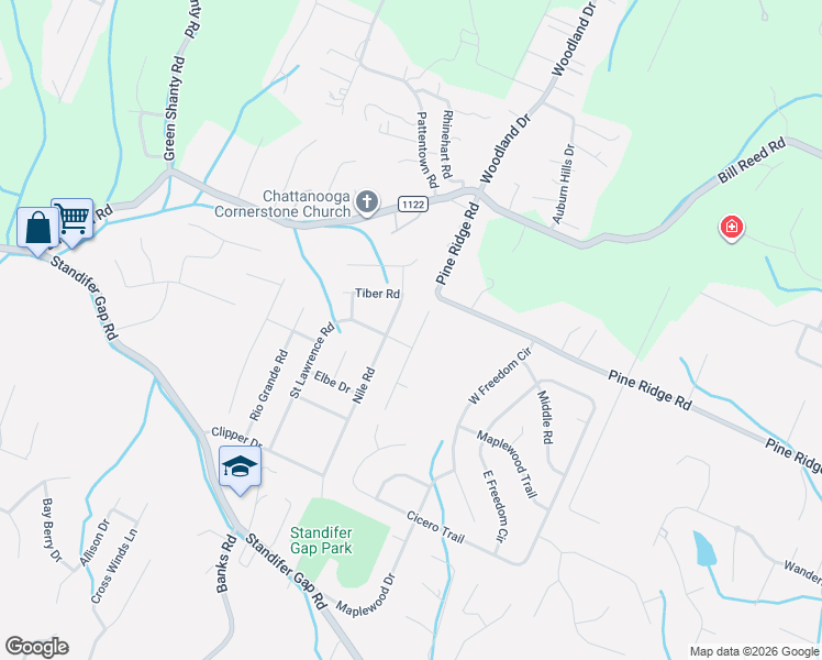 map of restaurants, bars, coffee shops, grocery stores, and more near 2820 Hidden Trail Lane in Chattanooga