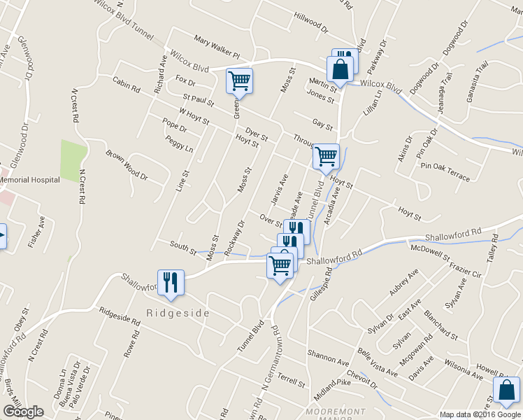 map of restaurants, bars, coffee shops, grocery stores, and more near 604 Over Street in Chattanooga