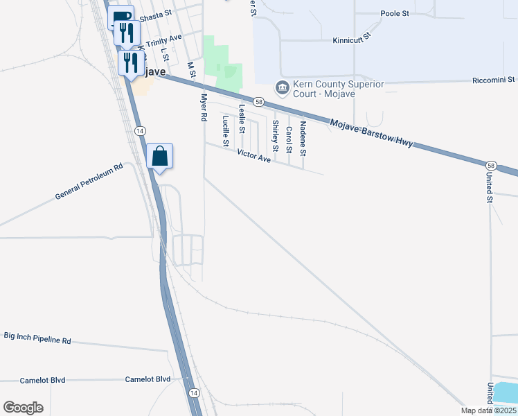 map of restaurants, bars, coffee shops, grocery stores, and more near 1800 Victor Avenue in Mojave