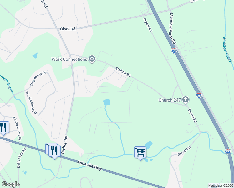 map of restaurants, bars, coffee shops, grocery stores, and more near 242 Stallion Road in Inman