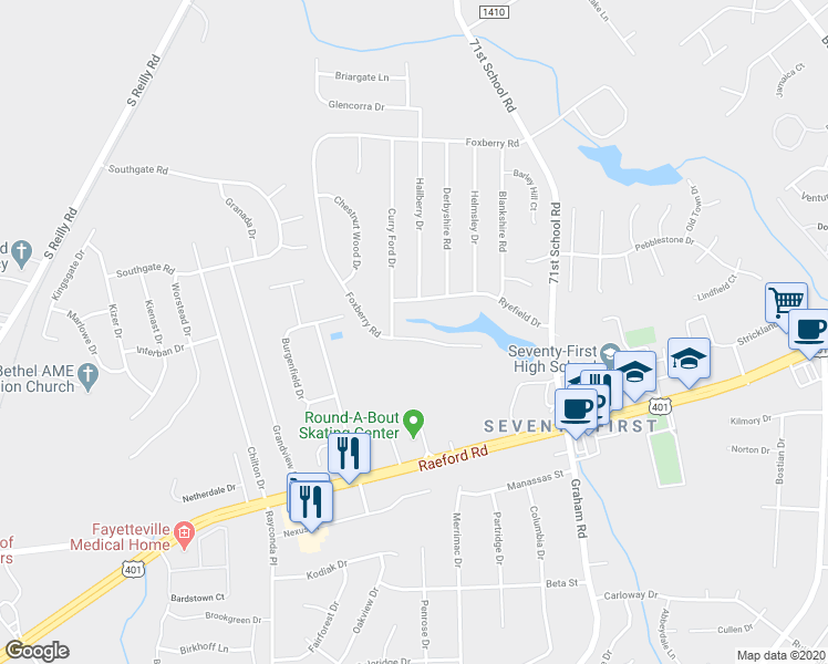 map of restaurants, bars, coffee shops, grocery stores, and more near 6741 Foxberry Road in Fayetteville