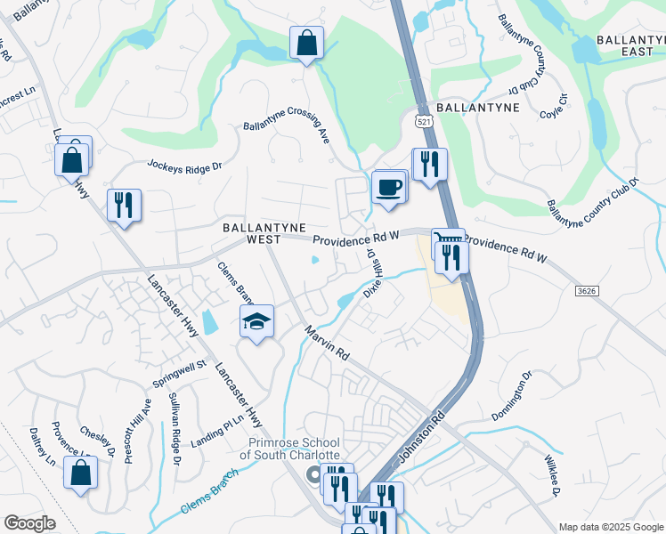 map of restaurants, bars, coffee shops, grocery stores, and more near 15250 Coventry Court Lane in Charlotte