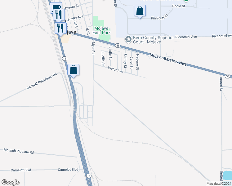 map of restaurants, bars, coffee shops, grocery stores, and more near 1800 Victor Avenue in Mojave
