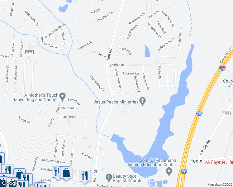 map of restaurants, bars, coffee shops, grocery stores, and more near 9593 Mountain Home Drive in Fayetteville