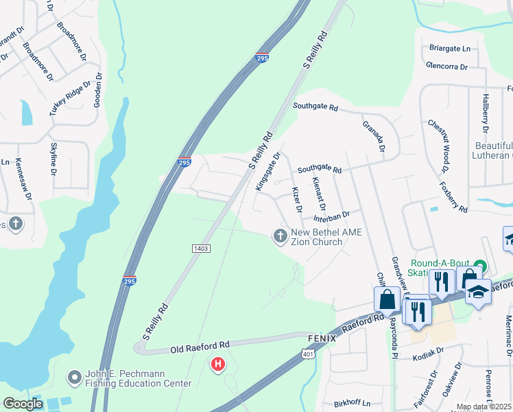 map of restaurants, bars, coffee shops, grocery stores, and more near 6812 Kingsgate Drive in Fayetteville