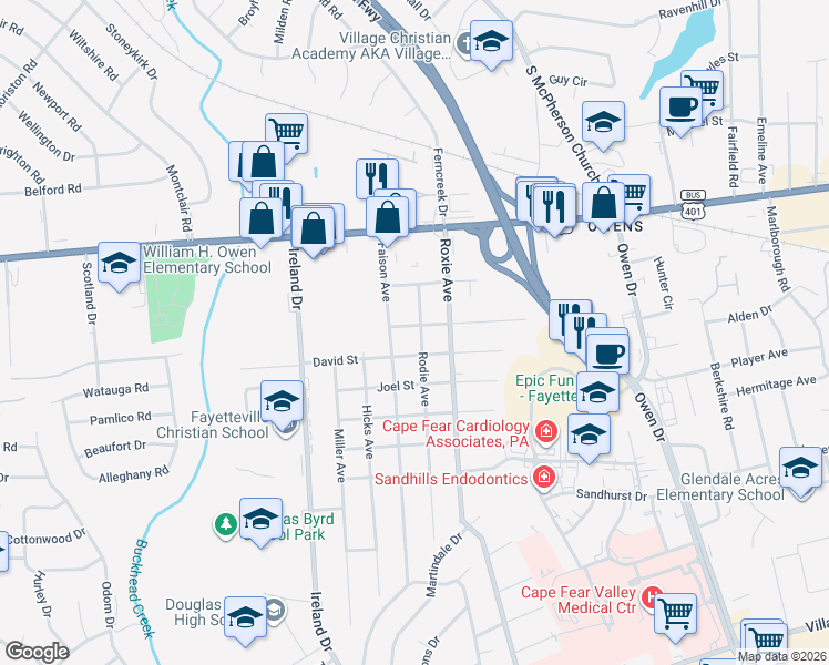 map of restaurants, bars, coffee shops, grocery stores, and more near in Fayetteville